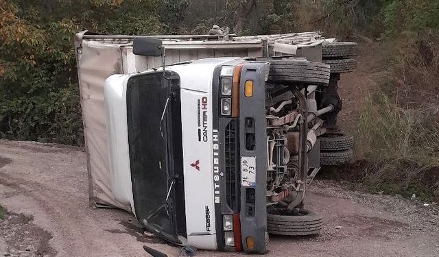 Bursa'da kereste yüklü kamyon yan yattı