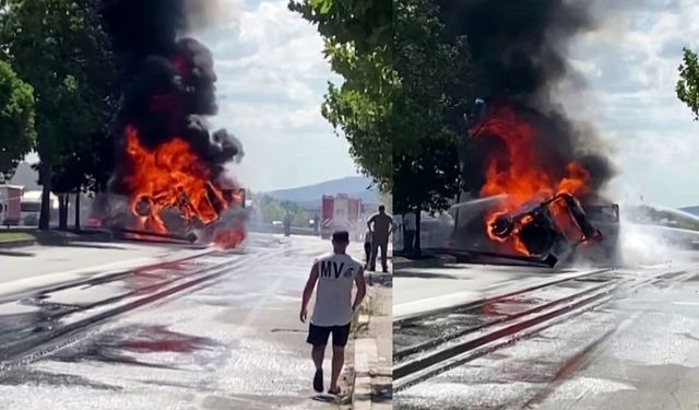 Eskişehir plakalı TIR alev topuna döndü