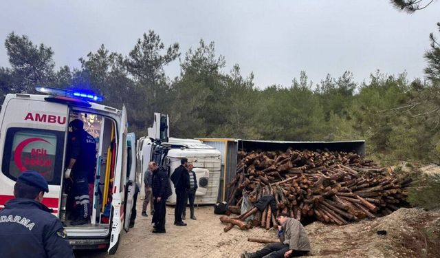 Odun yüklü kamyon devrilirken, 3 kişi yaralandı