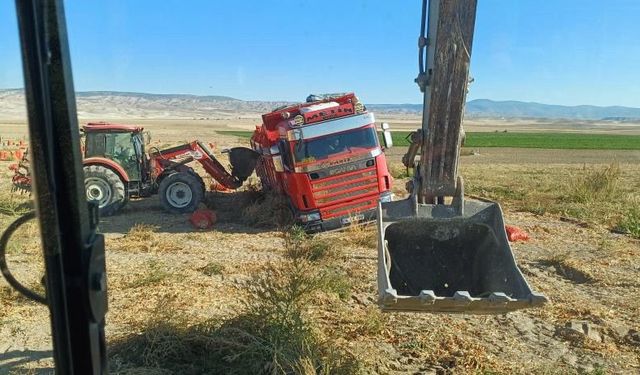 Tonlarca soğan taşıyan tır araziye battı!