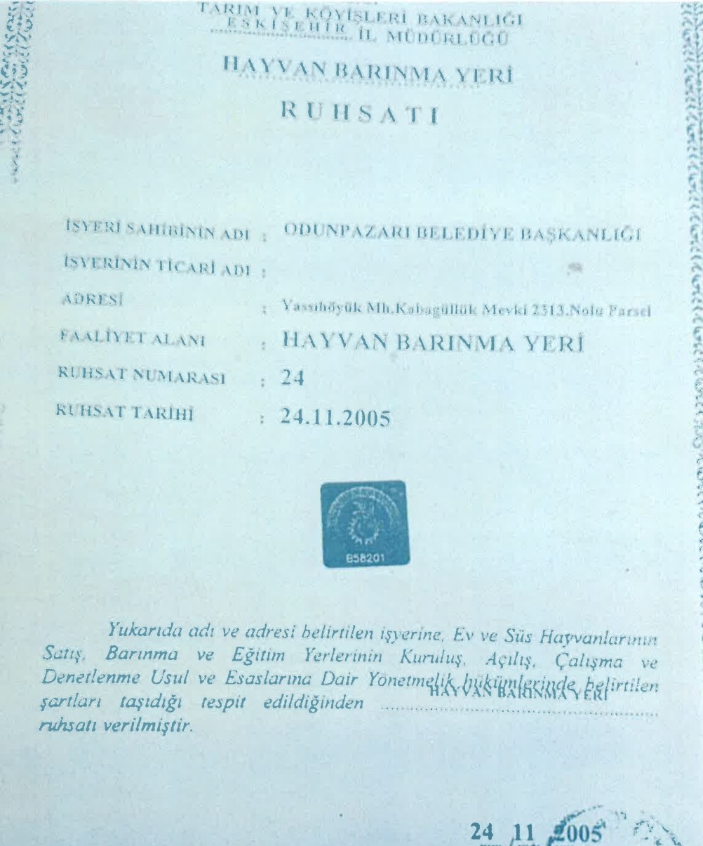 odunpazarı barınak ruhsatname